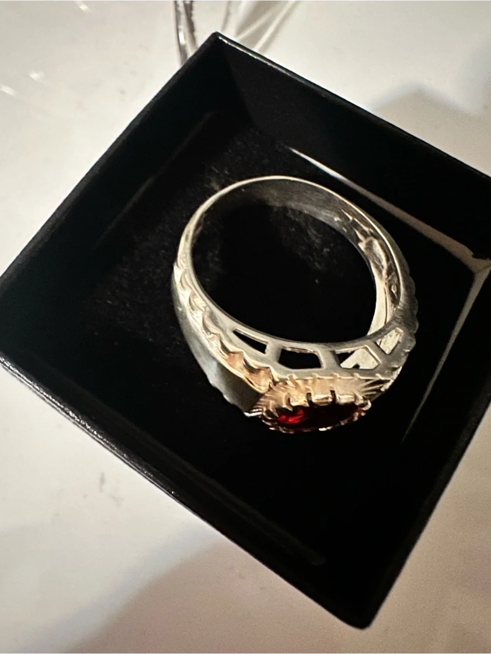 Men's Silver Ring with Deep Red Oval Stone